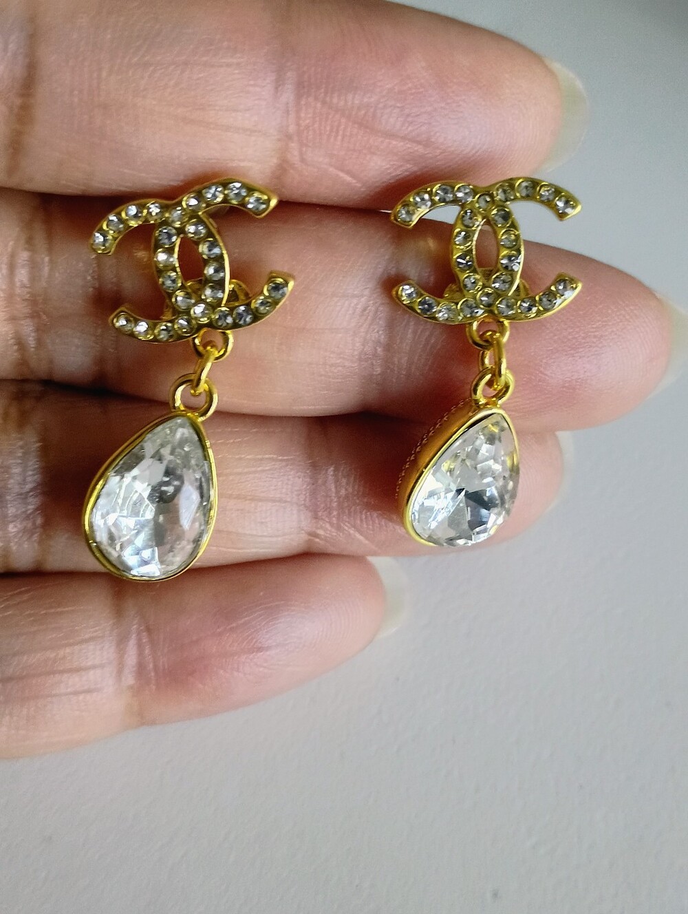 New Gold Tone Crystal Double C Drop Earrings with Clear Teardrops